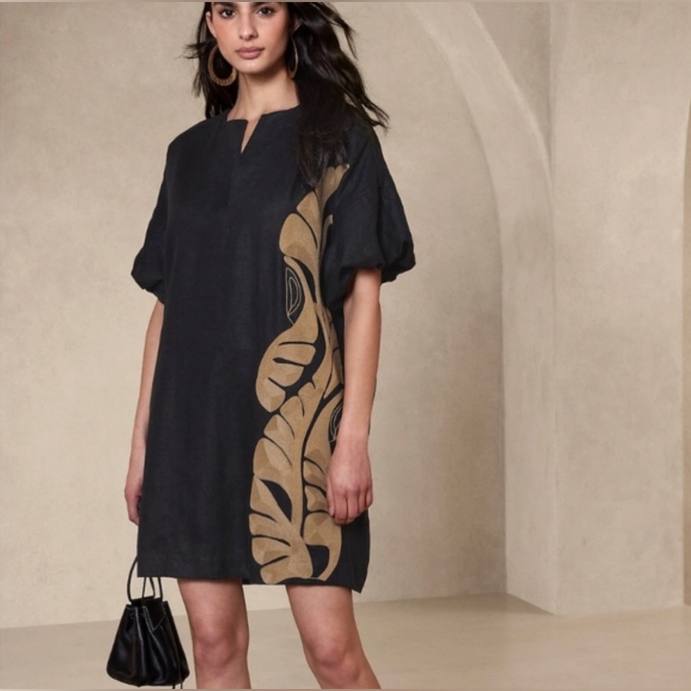 Banana Republic Black Mini Dress with Gold Leaf Print